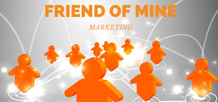 Illustrasjon av flere oransje personer med tekst "Friend of mine marketing"