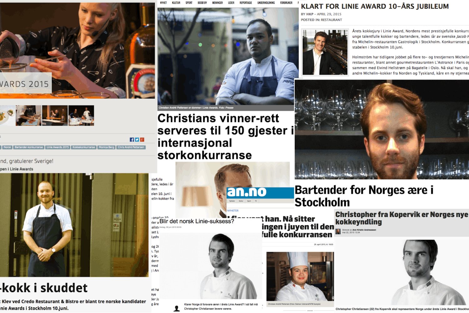 Skjermdump av mange ulike artikler om Koker i Linie Awards 2015