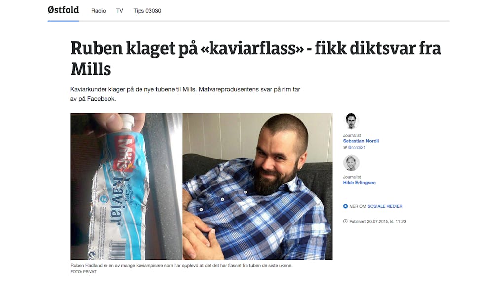 Skjermdump fra NRK Østfold hvor det står "Ruben klaget på "kaviarflass" - fikk diktsvar fra Mills med bilde av en flassen kaviartube og Ruben