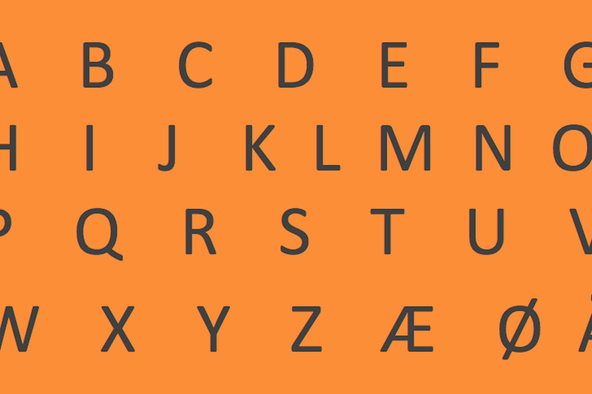 Hele alfabetet på oransje bakgrunn, fra A til Å
