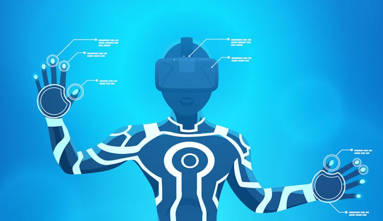 Illustrasjon av futuristisk, blå person med VR-briller på