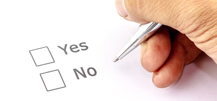 Person holder penn over et papir med to bokser hvor det står "Yes" og "No"