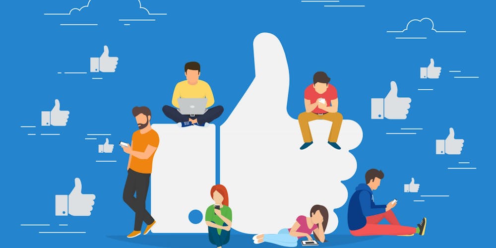 Illustrasjon av en stor Facebook-tommel opp med flere mennesker rundt som sitter på mobil og data