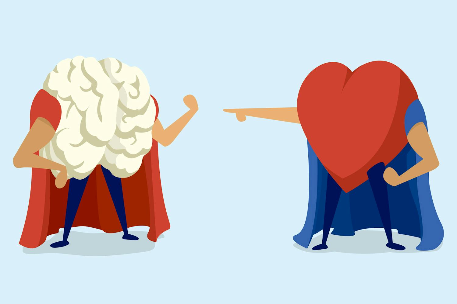 Illustrasjon av hjerne med kappe som skal kjempe mot hjerte med kappe
