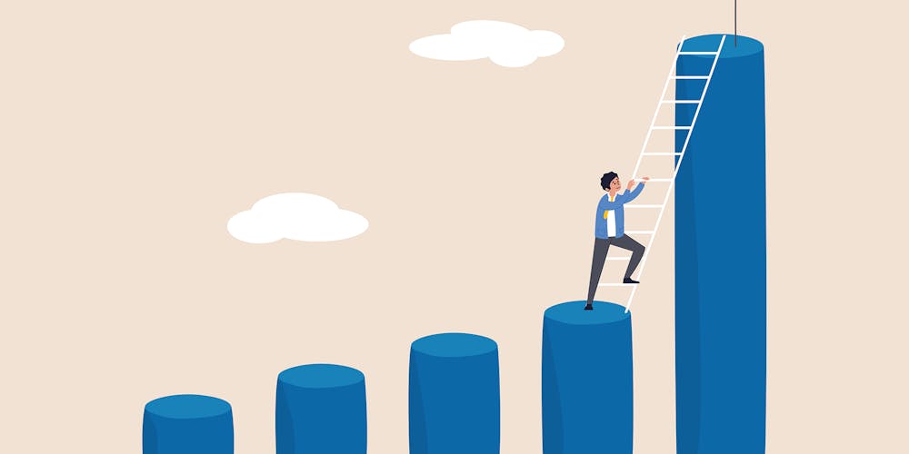 Illustrasjon av en mann som klatrer en stige i en oppadstigende graf, for å illustrere hva KPI-er er.