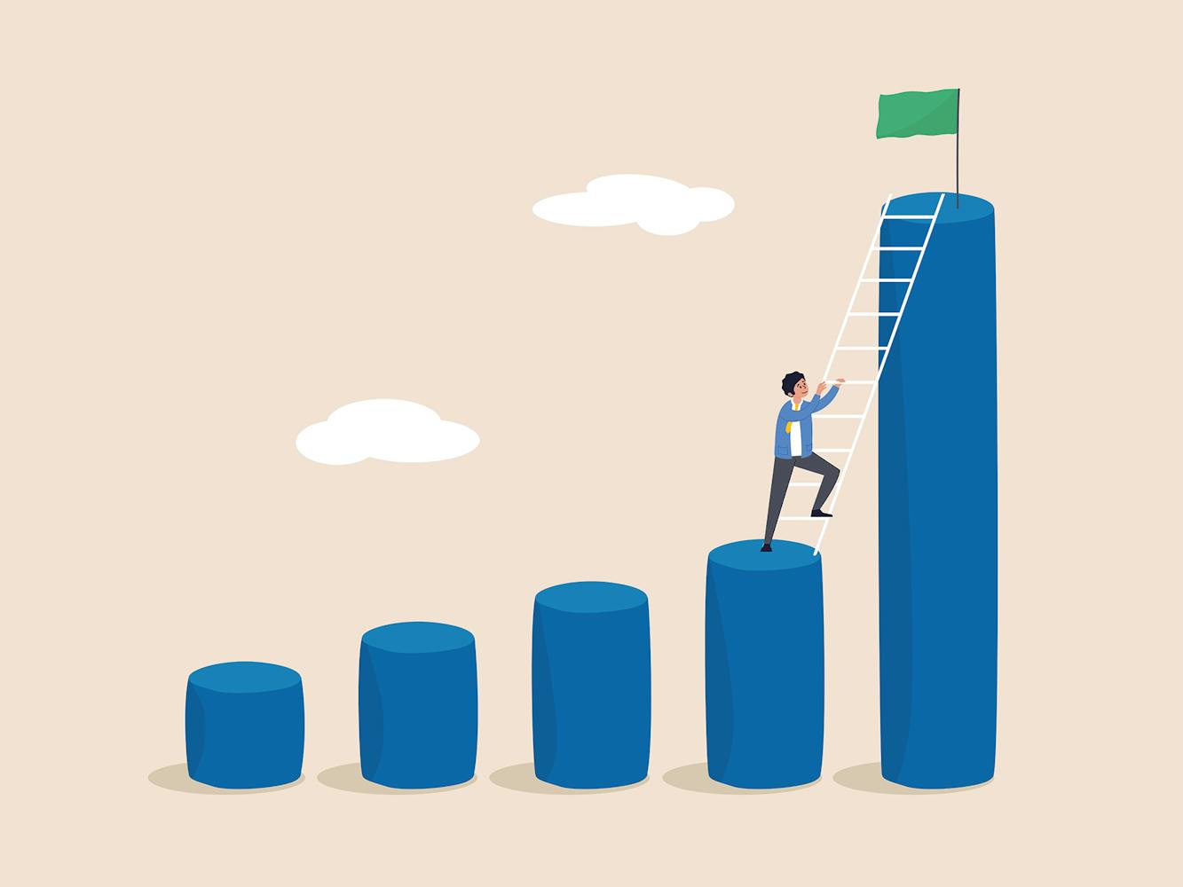 Illustrasjon av en mann som klatrer en stige i en oppadstigende graf, for å illustrere hva KPI-er er.