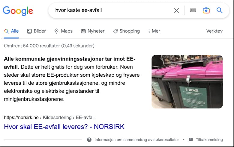 Skjermbilde fra Google, der Norsirk har oppnådd nullklikksøk på søkefrasen "hvor kaste ee-avfall".