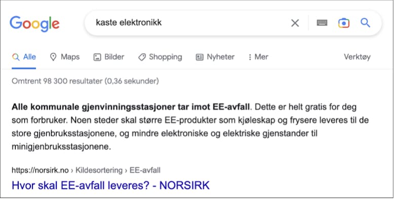 Skjermbilde fra Google, der Norsirk har oppnådd nullklikksøk på søkefrasen "kaste elektronikk".